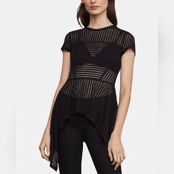 BCBGMaxAzria Tops - BCBGMaxazria Striped Lace Asymmetrical Hem Top Size S